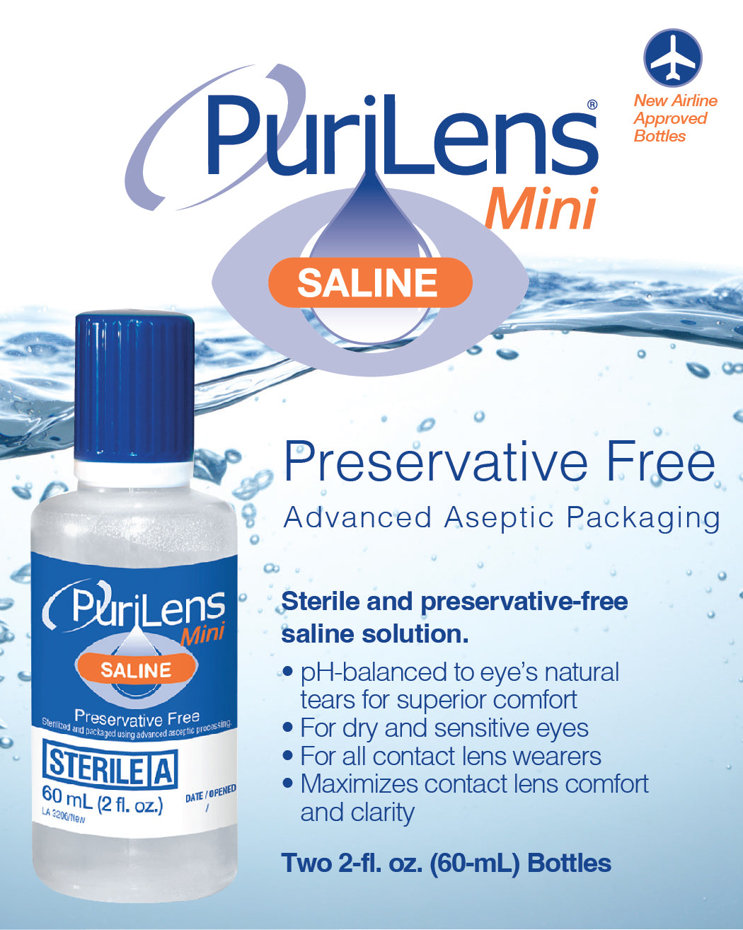 PuriLens Mini Preservative-Free Saline 60ml (2 fl. oz.) 2 Pack